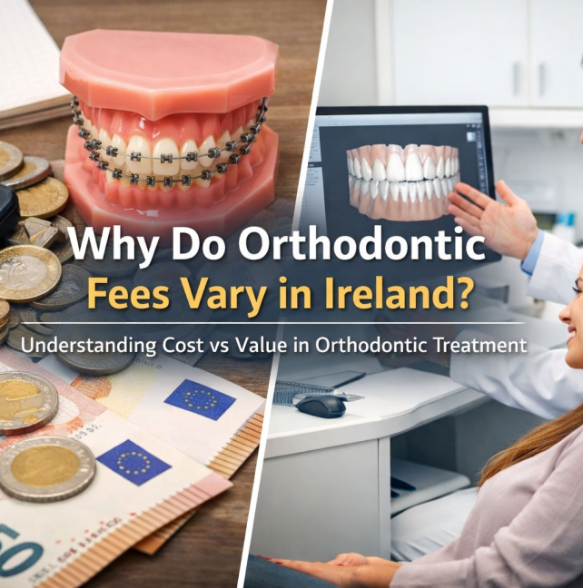 Orthodontic treatment cost in Ireland explained, showing braces, euro currency and specialist consultation with 3D dental scan