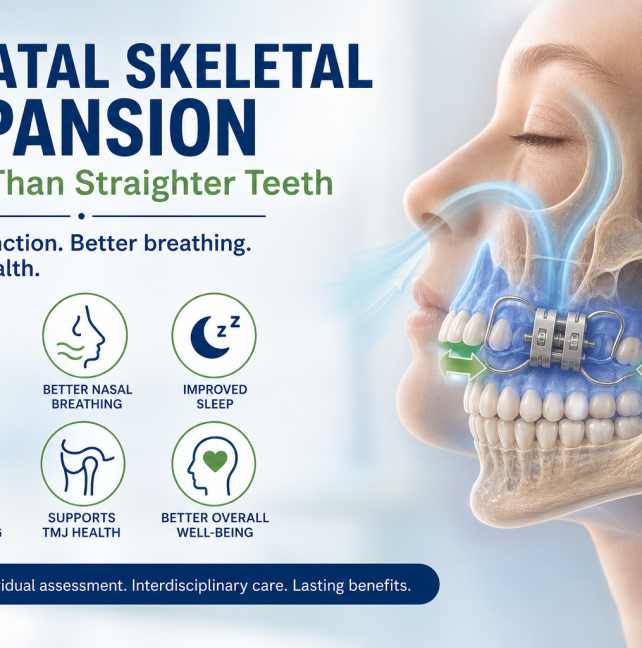 Palatal skeletal expansion illustration showing widening of the upper jaw with an expander device, highlighting improved bite alignment, nasal airflow, sleep quality, ear health, and jaw joint function.