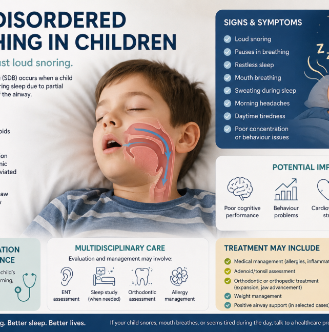 Sleep-disordered breathing in children. Child mouth breathing during sleep due to airway obstruction. Educational image discussing enlarged tonsils, adenoids, narrow palate, poor sleep, ADHD-like symptoms, and orthodontic treatment options including palatal expansion.