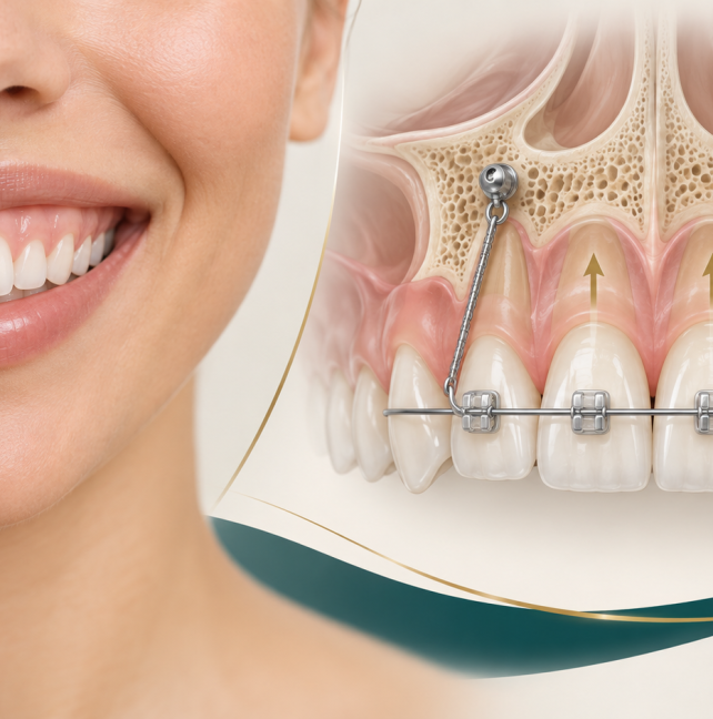 Illustration of TAD-supported upper front tooth intrusion for orthodontic gummy smile correction.