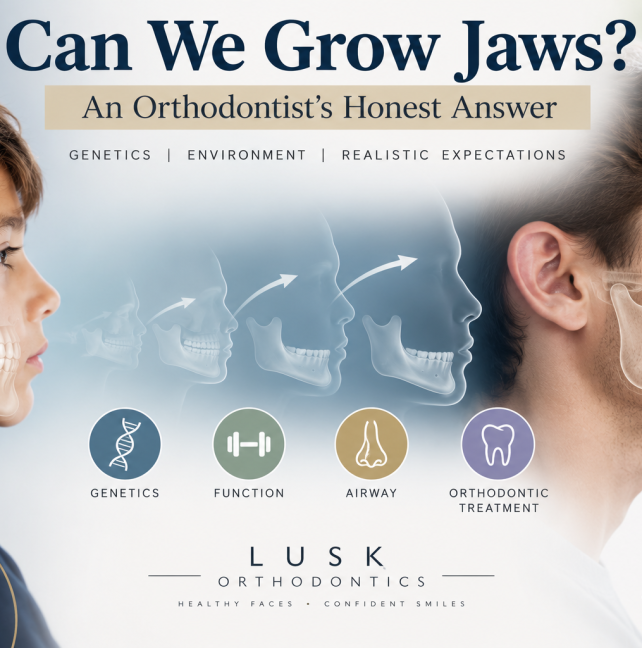 Child and adult jaw growth illustration showing the influence of genetics, function, airway and orthodontic treatment